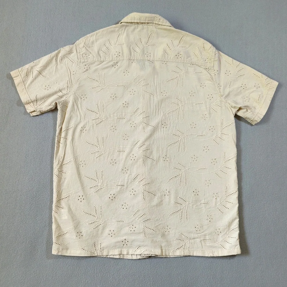Free Planet Mens Cream Eyelet Embroidered Cotton Short Sleeve Shirt Medium - Picture 5 of 8